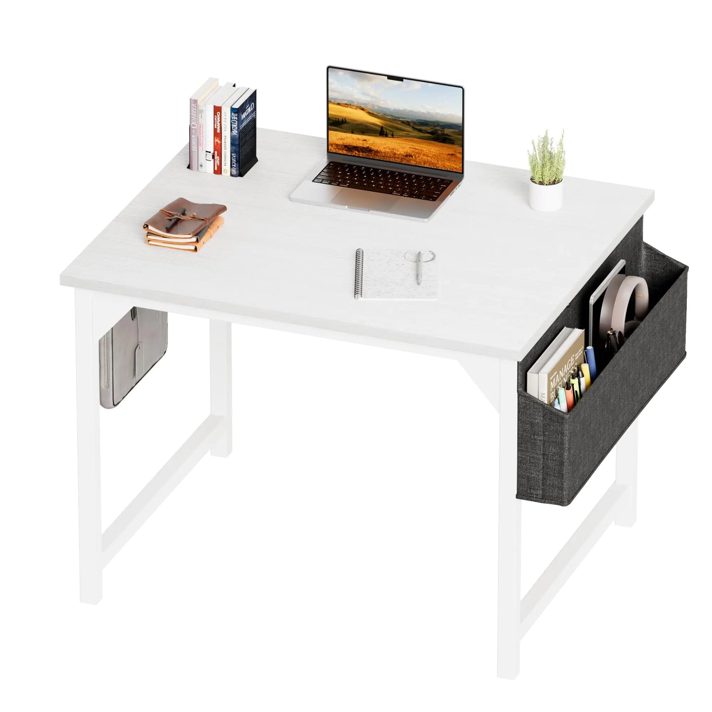 Shahoo 32 Inch Computer Desk Wood Modern Simple Home Office Table for Small Spaces with Storage Bag and Headphone Hook for Home Office Study Writing White