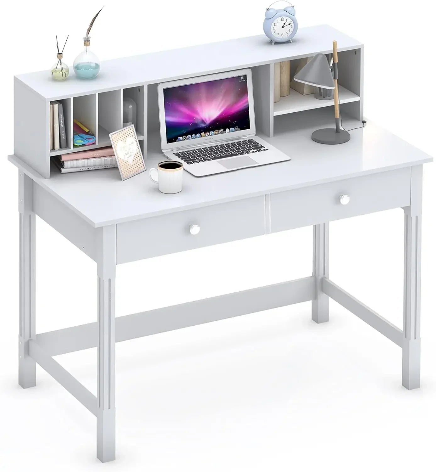 Stylish Home Office Desk with Drawers in pink, perfect for a computer setup, study, or makeup vanity for your bedroom.