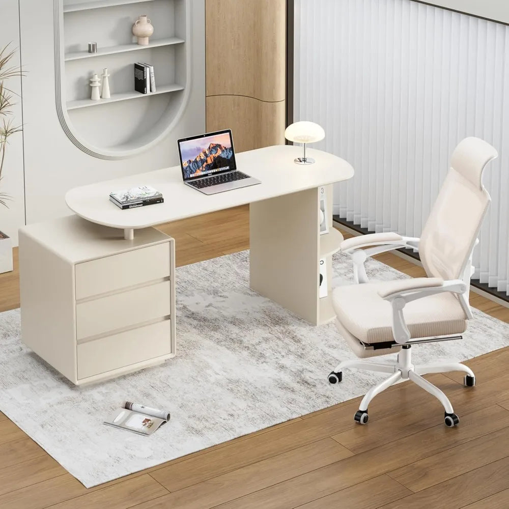 Stylish Home Office Desk and Chair Set featuring drawers, shelves, and an ergonomic office chair for ultimate comfort.