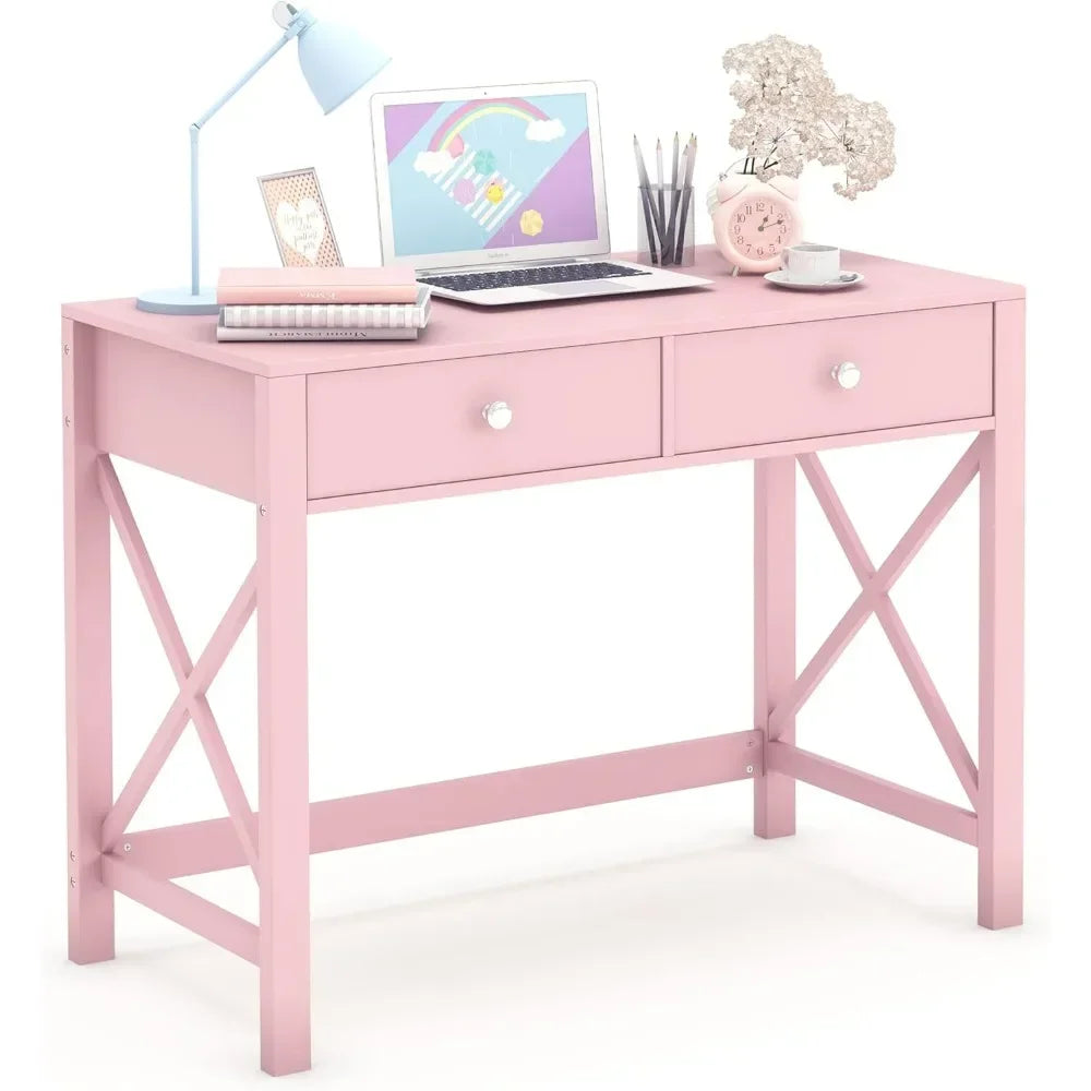 Stylish pink Home Office Desk with Drawers, perfect as a writing computer desk or small makeup vanity for your bedroom.