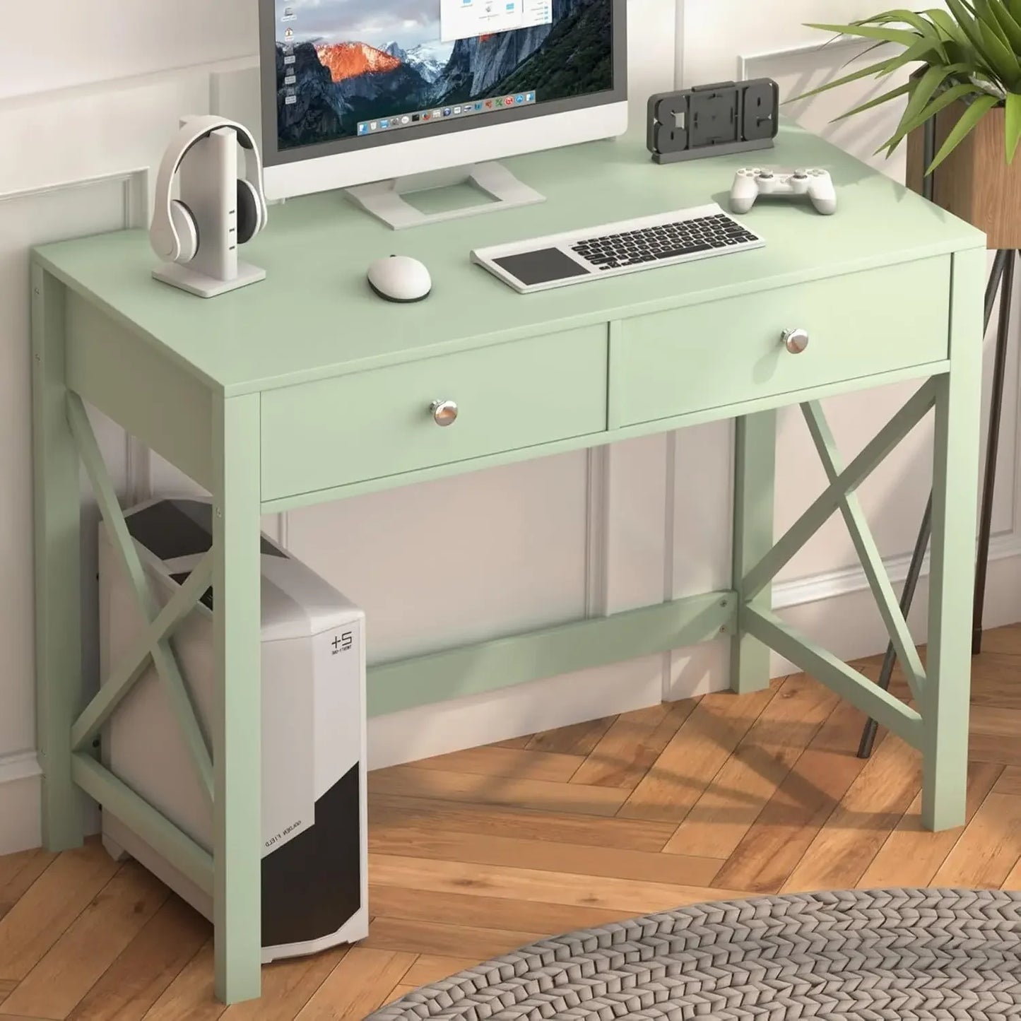 Stylish Home Office Desk with Drawers in pink, perfect as a Writing Computer Desk or Small Makeup Vanity Table.