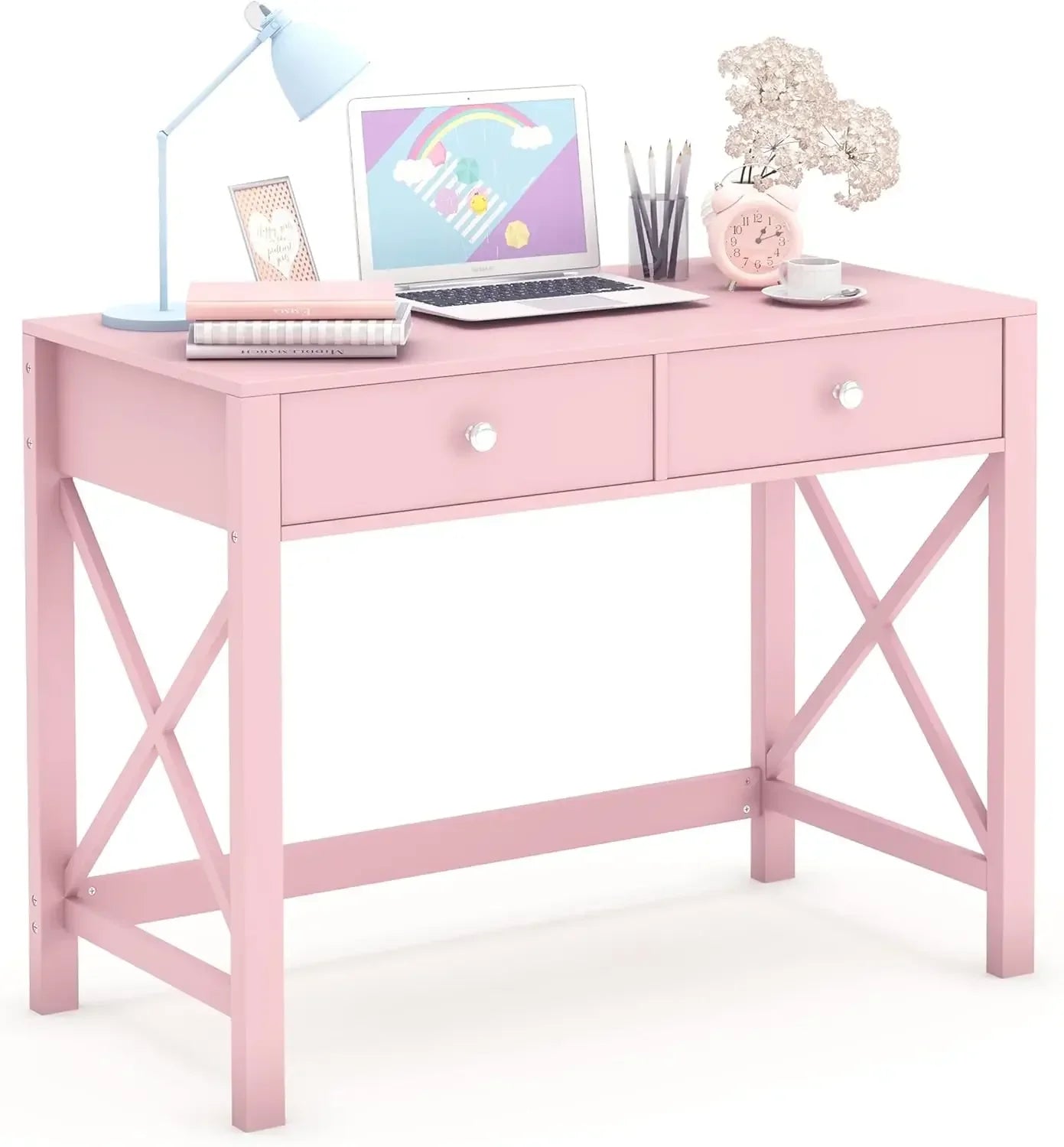 Stylish pink Home Office Desk with Drawers, ideal as a Writing Computer Desk or Small Makeup Vanity Table. Perfect for any bedroom.