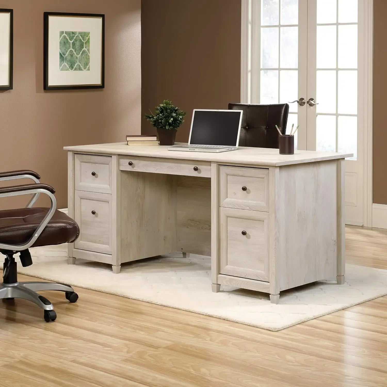 Stylish EdgeWater Office Desk Drawers in Chalked Chestnut offers file drawer storage and ample workspace for your home office.