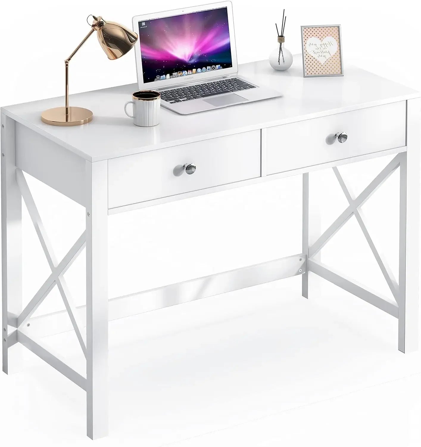 Modern Home Office Desk with Drawers in pink, perfect for writing, makeup, or study; ideal for bedroom spaces.