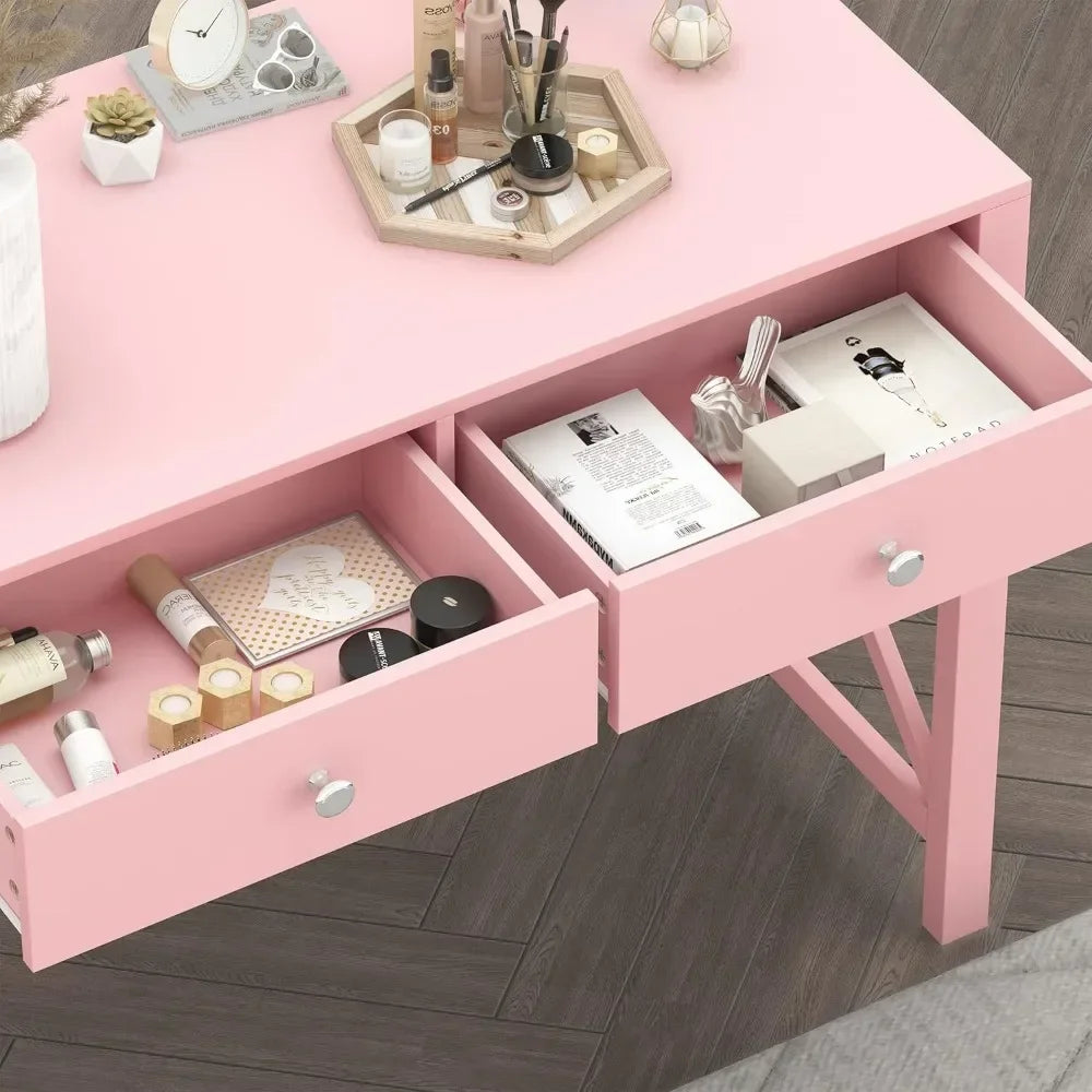 Stylish Home Office Desk with Drawers in pink, perfect as a writing computer desk or small makeup vanity table.