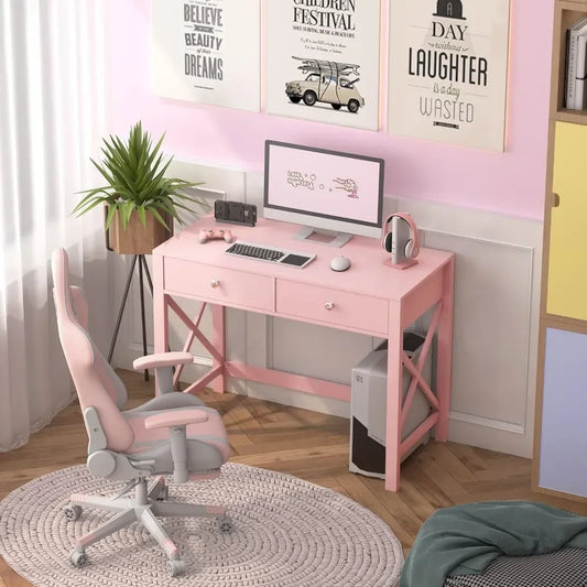 Stylish pink Home Office Desk with Drawers, perfect as a Writing Computer Desk or Small Makeup Vanity Table.