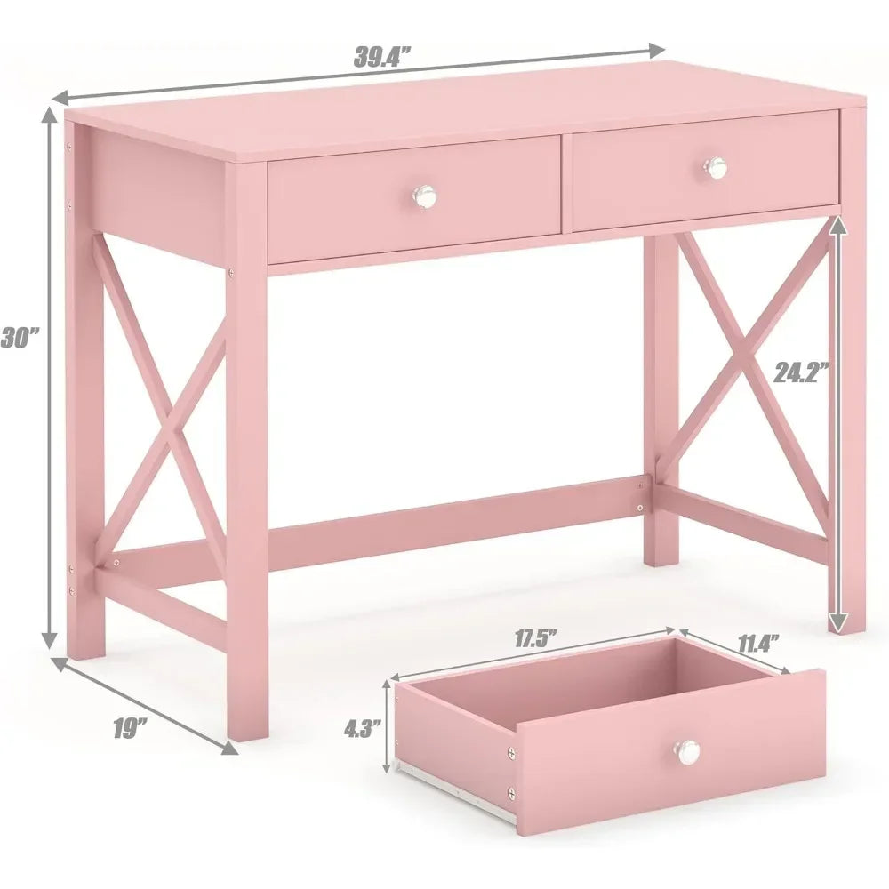 Stylish Home Office Desk with Drawers in pink, perfect as a Writing Computer Desk or Small Makeup Vanity Table.